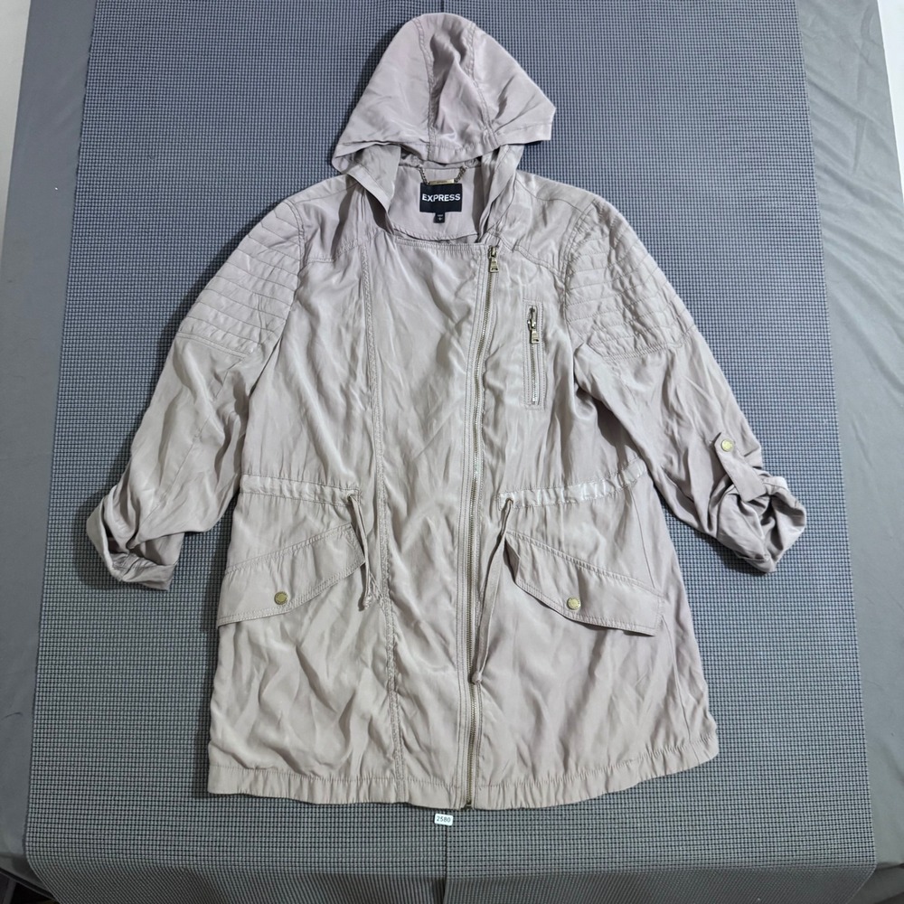 Express Womens Hooded Asymmetrical Zip Utility Jacket Taupe Size L